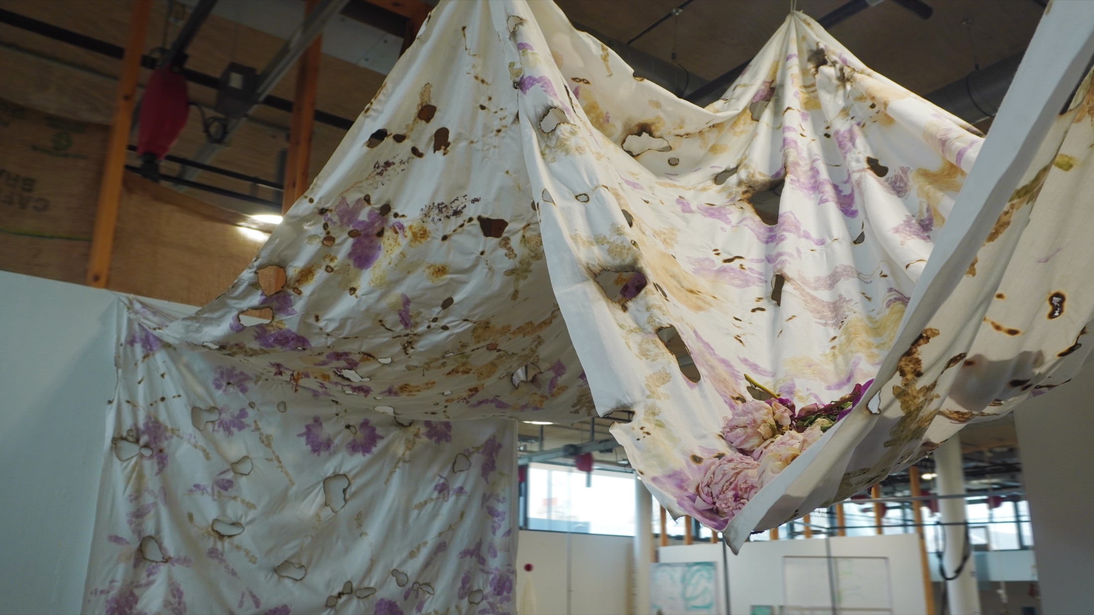 Installation view showing suspended fabric and the gallery space
